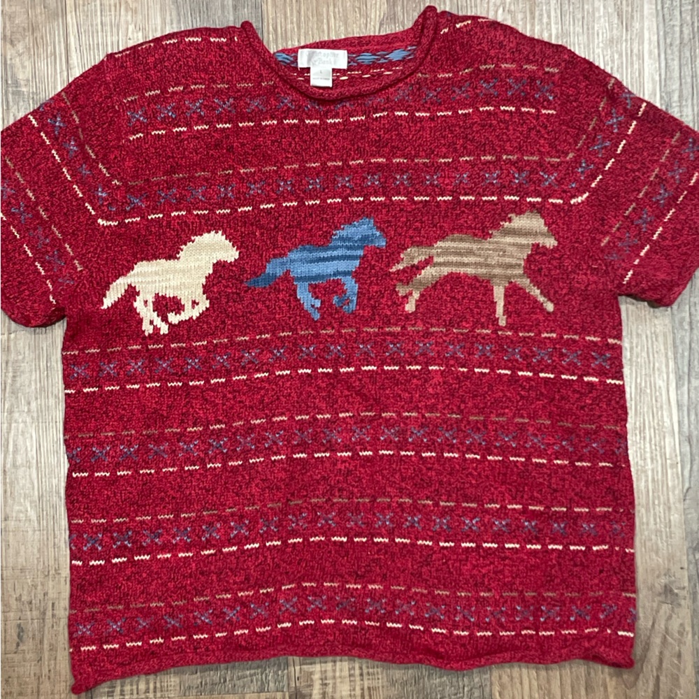 VTG Christopher & Banks Short Sleeve Red Knit Horse Sweater